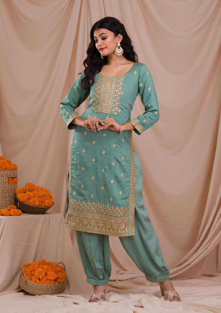 Sea Green Zariwork Art Silk Readymade Salwar Suit-Koskii