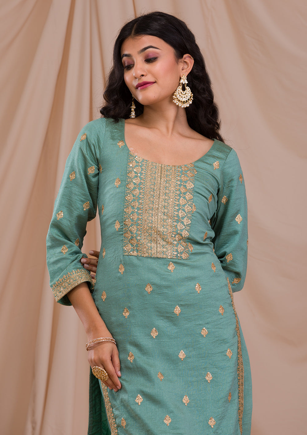 Sea Green Zariwork Art Silk Readymade Salwar Suit-Koskii
