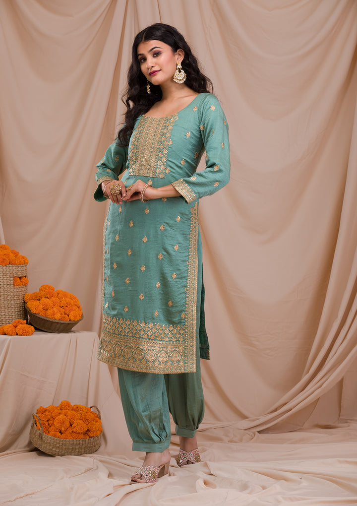 Sea Green Zariwork Art Silk Readymade Salwar Suit-Koskii