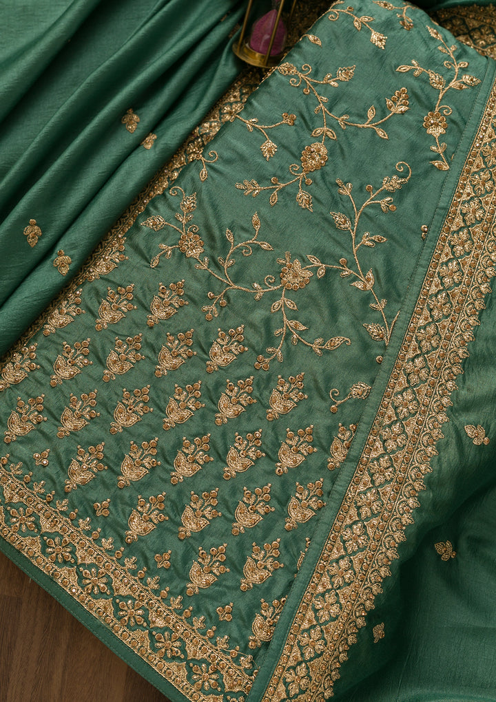 Sea Green Zariwork Art Silk Unstitched Salwar Suit