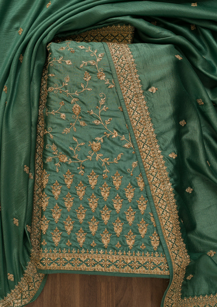 Sea Green Zariwork Art Silk Unstitched Salwar Suit