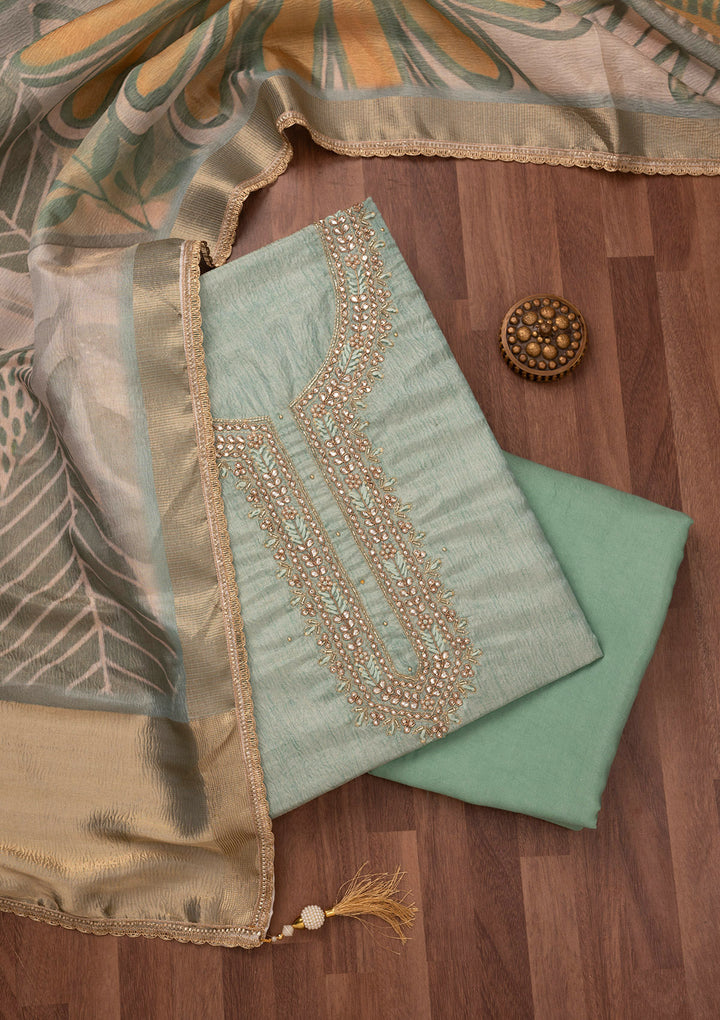 Sea Green Zariwork Art Silk Unstitched Salwar Suit