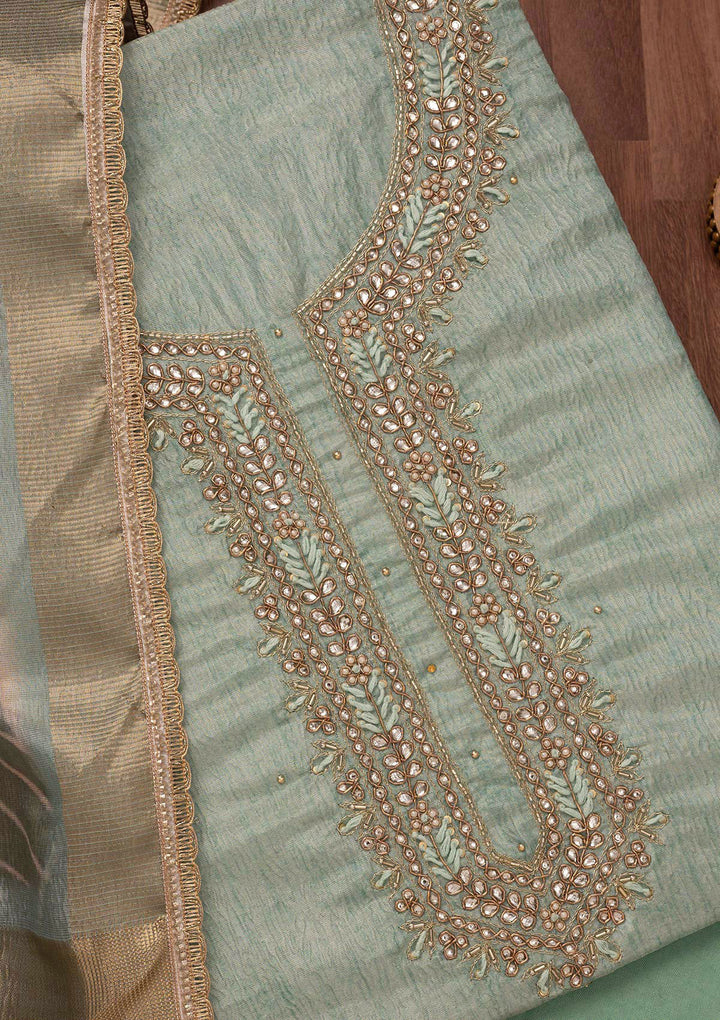 Sea Green Zariwork Art Silk Unstitched Salwar Suit