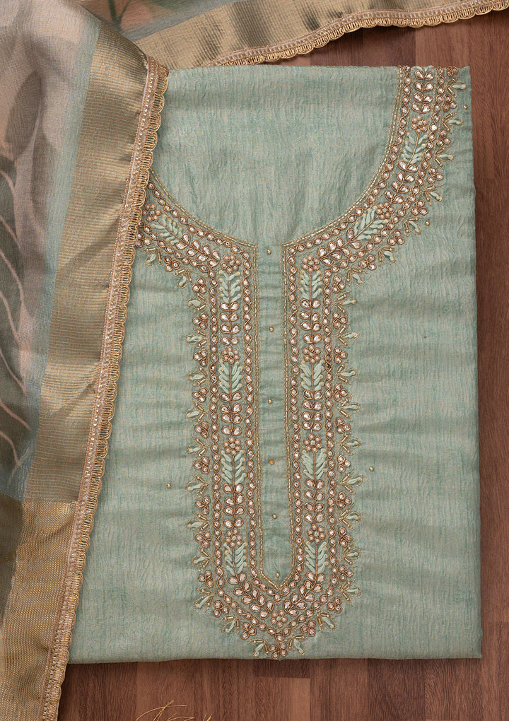 Sea Green Zariwork Art Silk Unstitched Salwar Suit