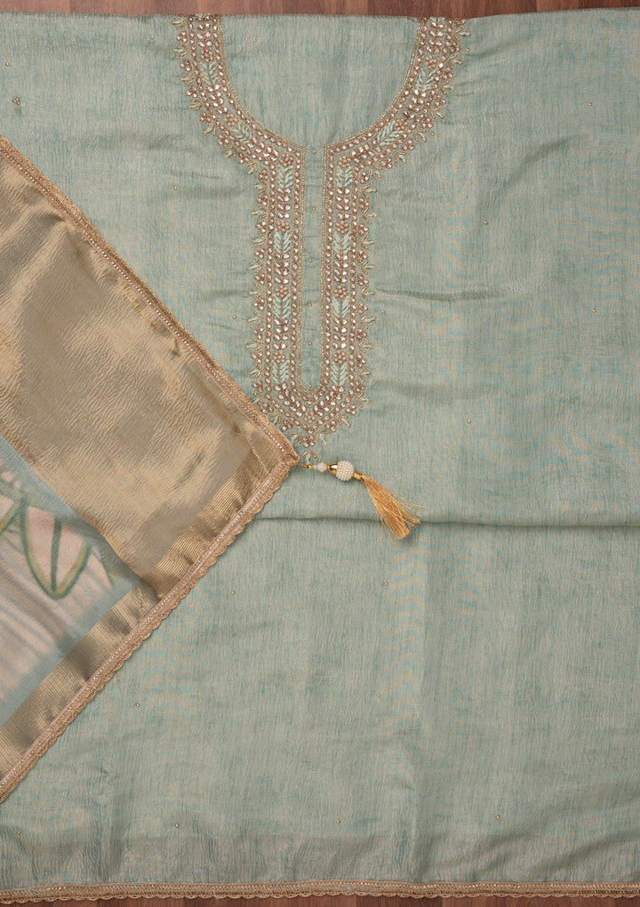 Sea Green Zariwork Art Silk Unstitched Salwar Suit