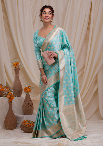 Sea Green Zariwork Banarasi Banarasi Silk Saree-Koskii