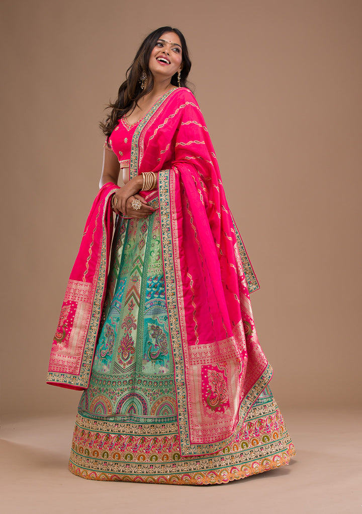 Sea Green Zariwork Banarasi Semi Stitched Lehenga