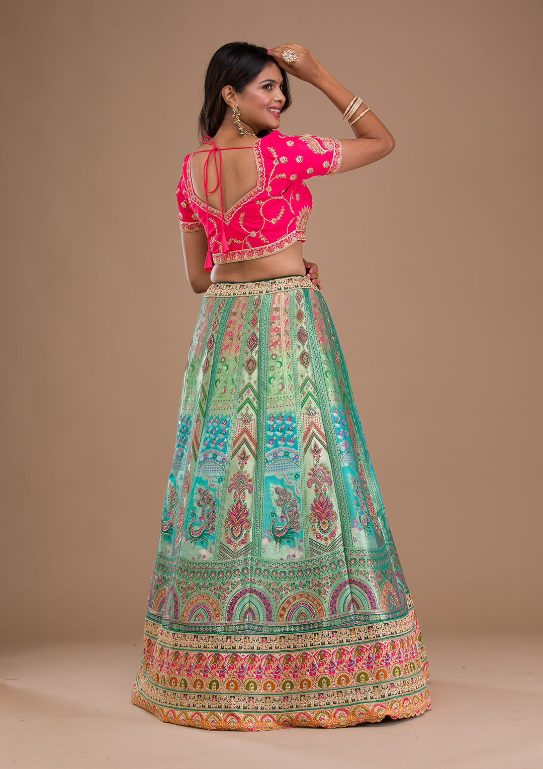 Sea Green Zariwork Banarasi Semi Stitched Lehenga