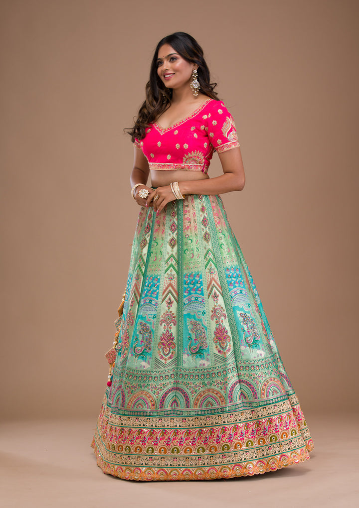Sea Green Zariwork Banarasi Semi Stitched Lehenga