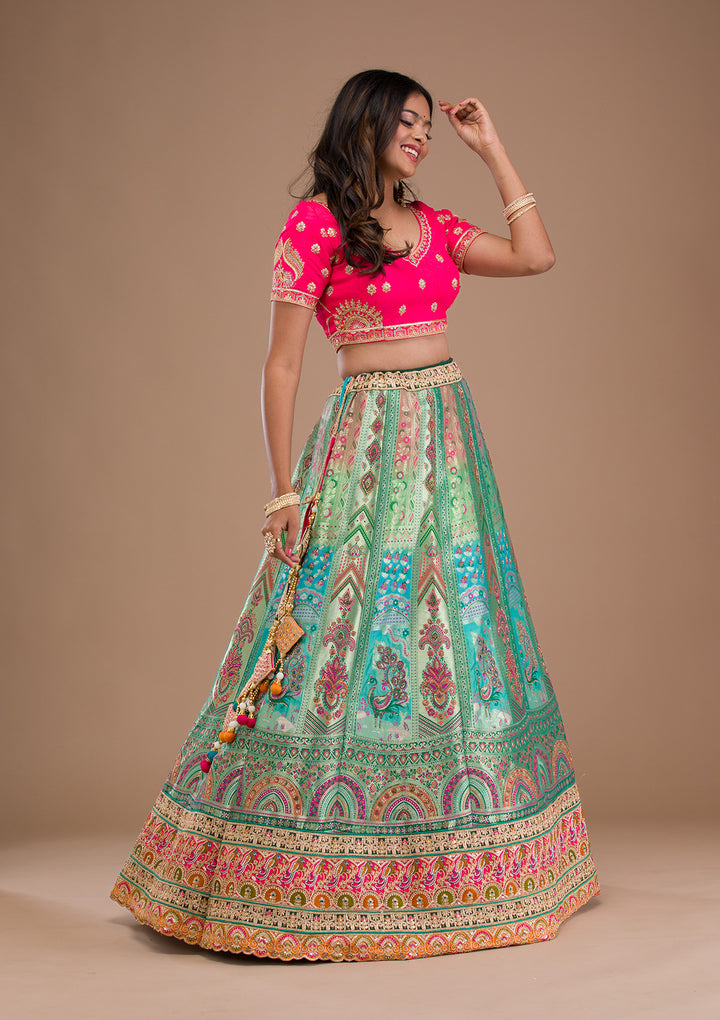Sea Green Zariwork Banarasi Semi Stitched Lehenga
