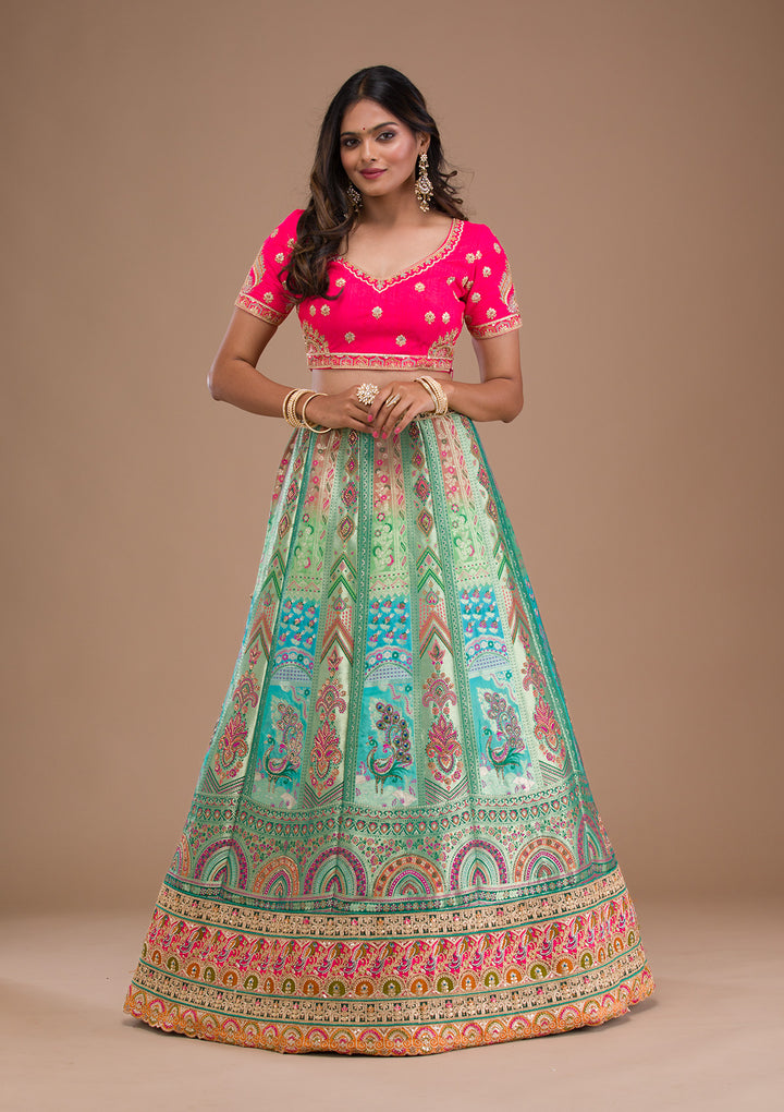 Sea Green Zariwork Banarasi Semi Stitched Lehenga