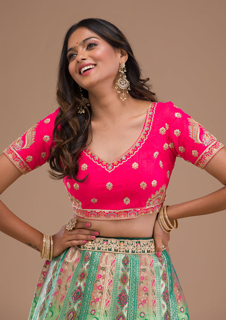 Sea Green Zariwork Banarasi Semi Stitched Lehenga