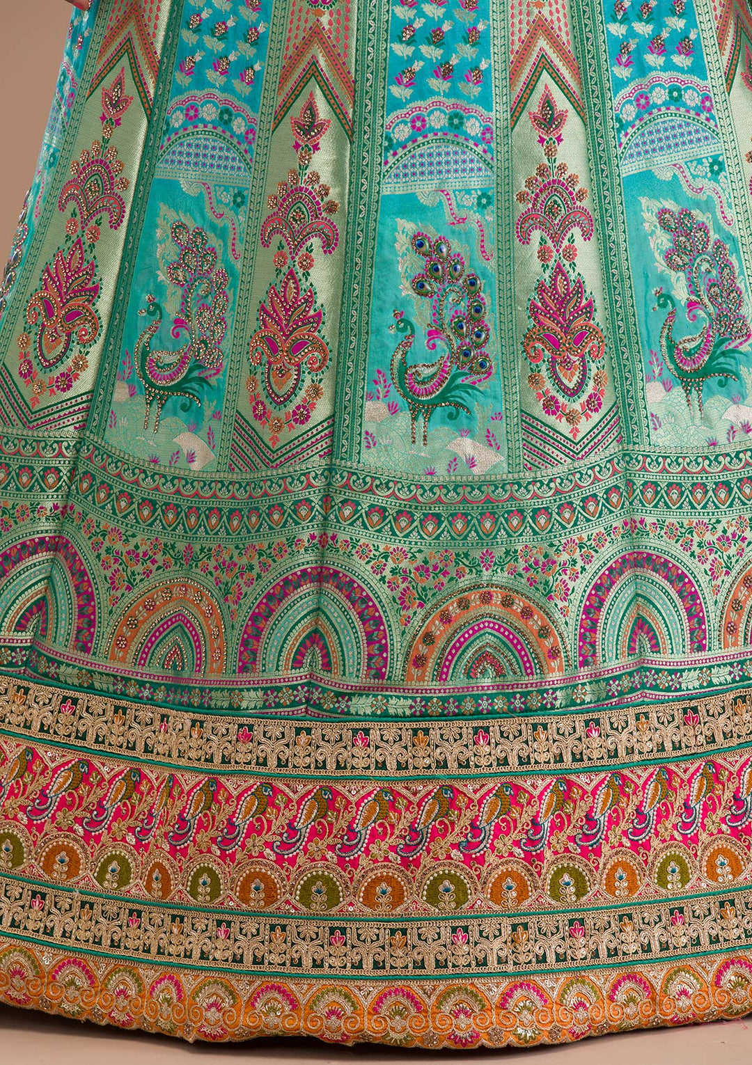 Sea Green Zariwork Banarasi Semi Stitched Lehenga