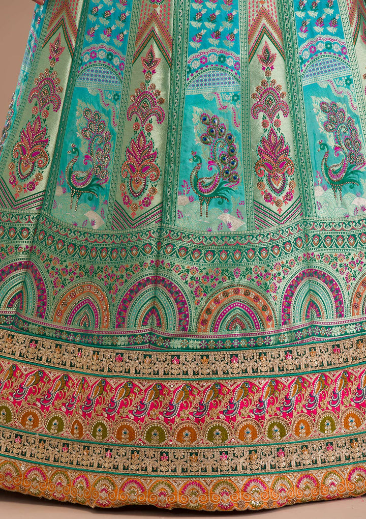 Sea Green Zariwork Banarasi Semi Stitched Lehenga