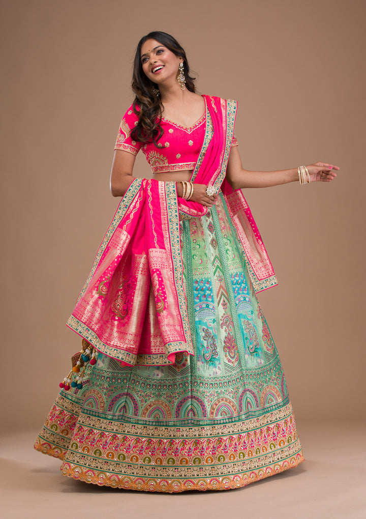 Sea Green Zariwork Banarasi Semi Stitched Lehenga