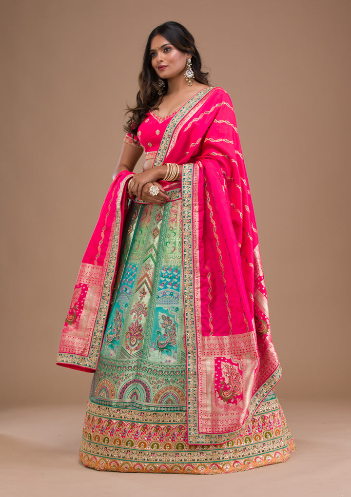 Sea Green Zariwork Banarasi Semi Stitched Lehenga