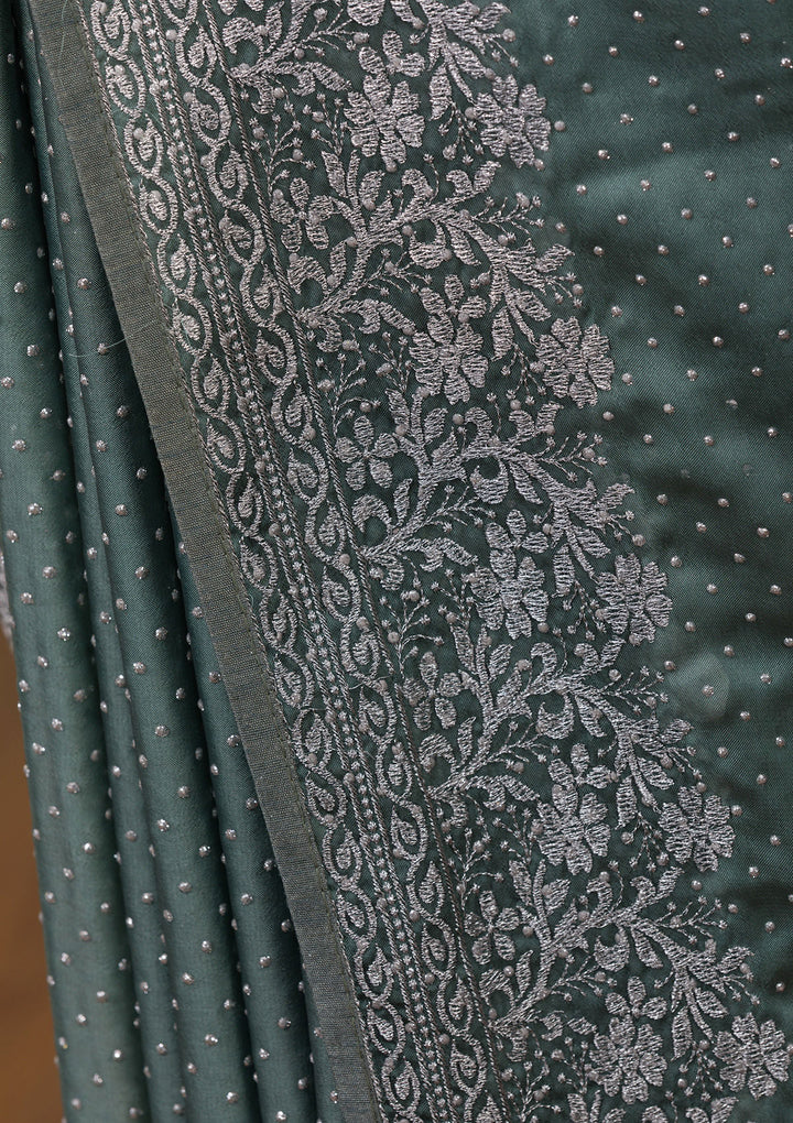 Sea Green Zariwork Crepe Saree-Koskii
