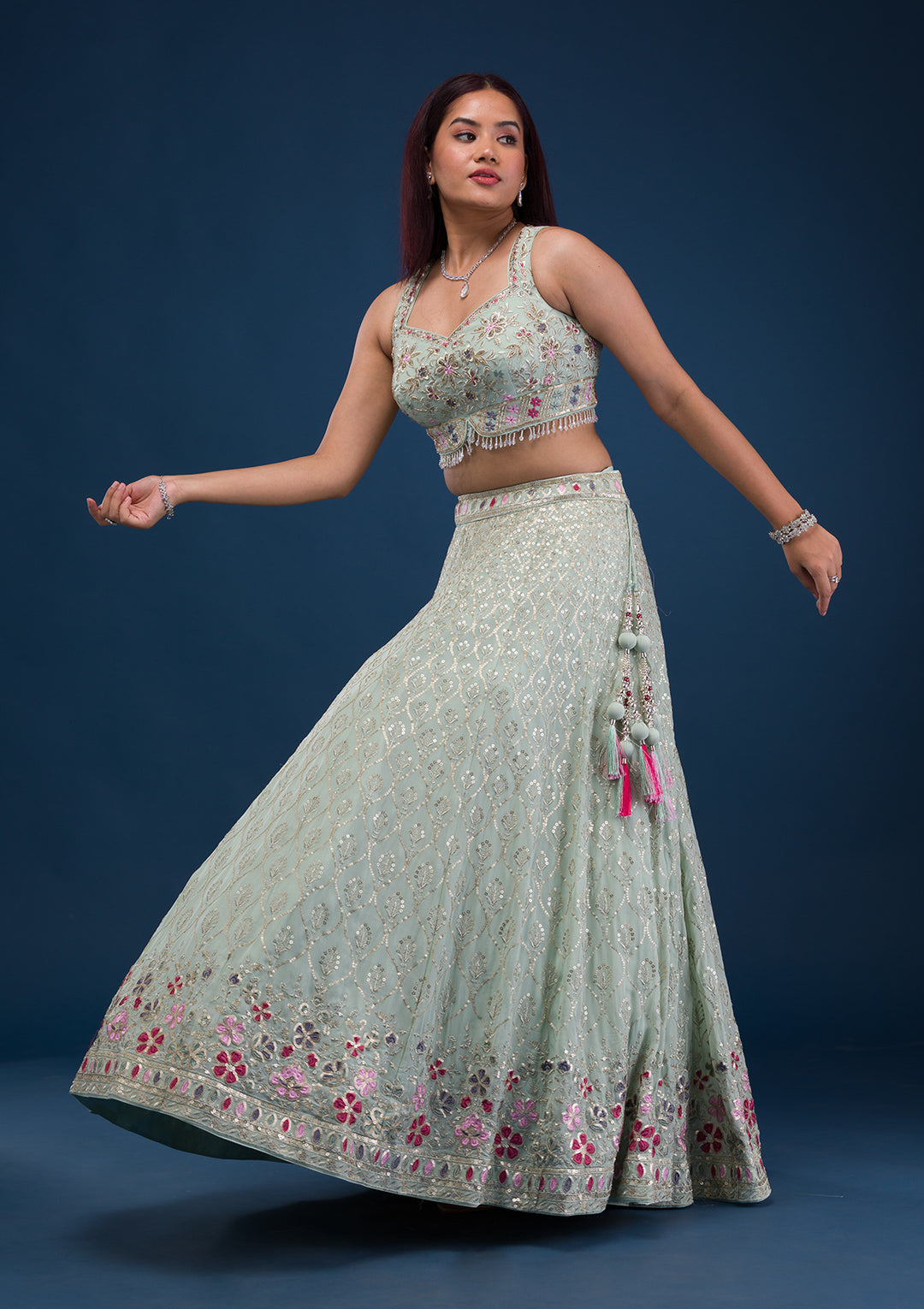 Sea Green Zariwork Georgette Readymade Lehenga