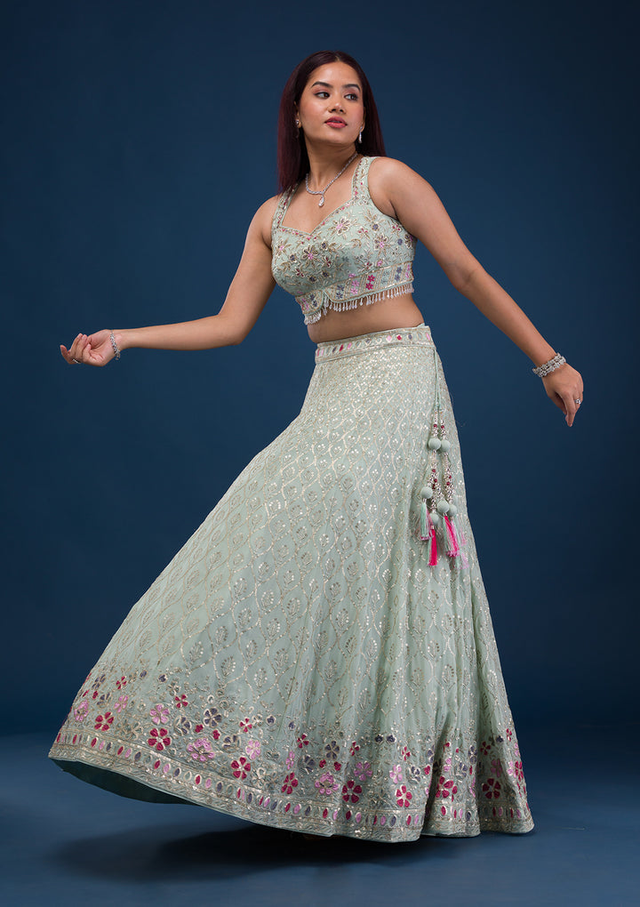 Sea Green Zariwork Georgette Readymade Lehenga