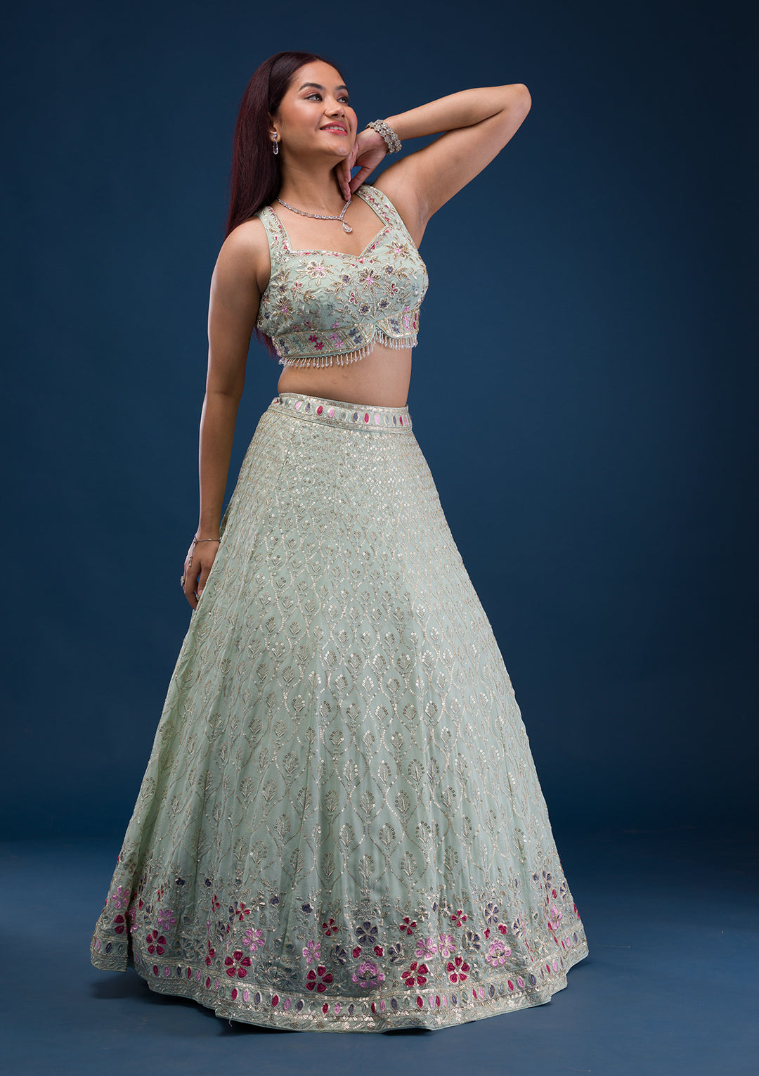 Sea Green Zariwork Georgette Readymade Lehenga