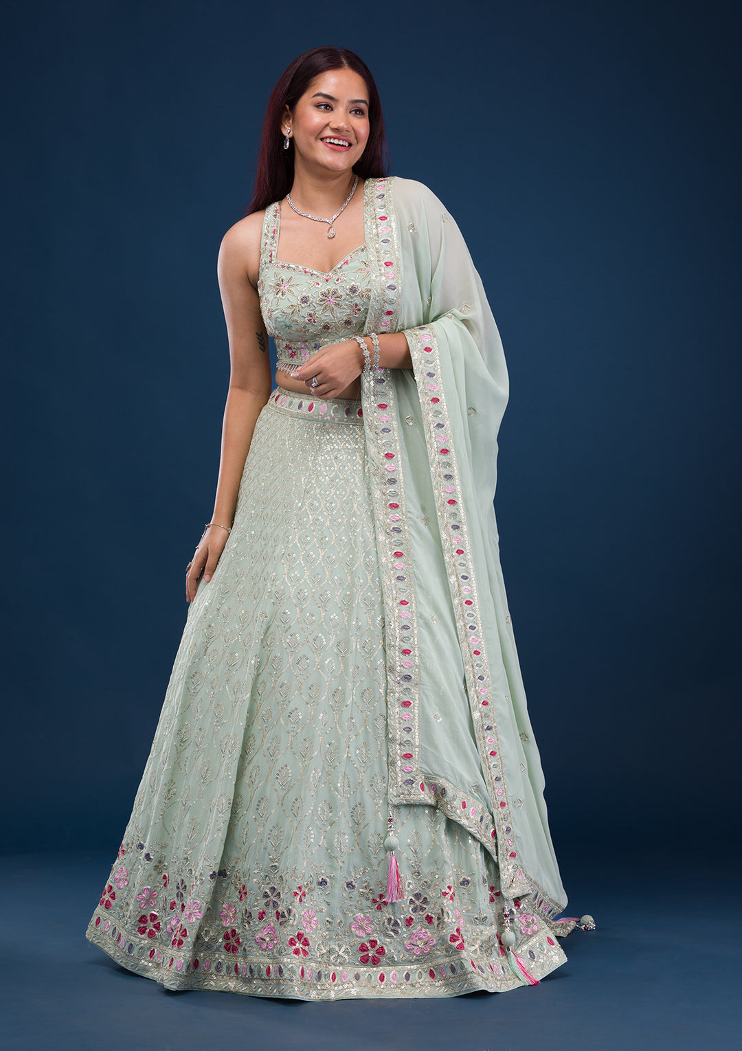 Sea Green Zariwork Georgette Readymade Lehenga