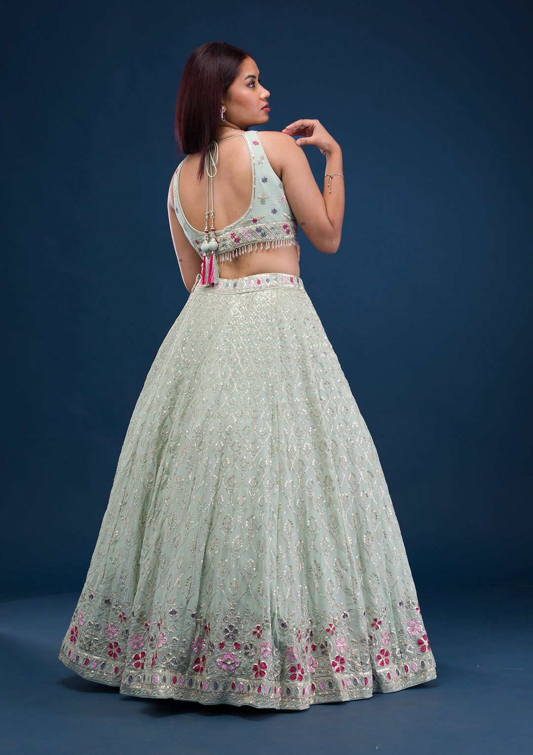 Sea Green Zariwork Georgette Readymade Lehenga