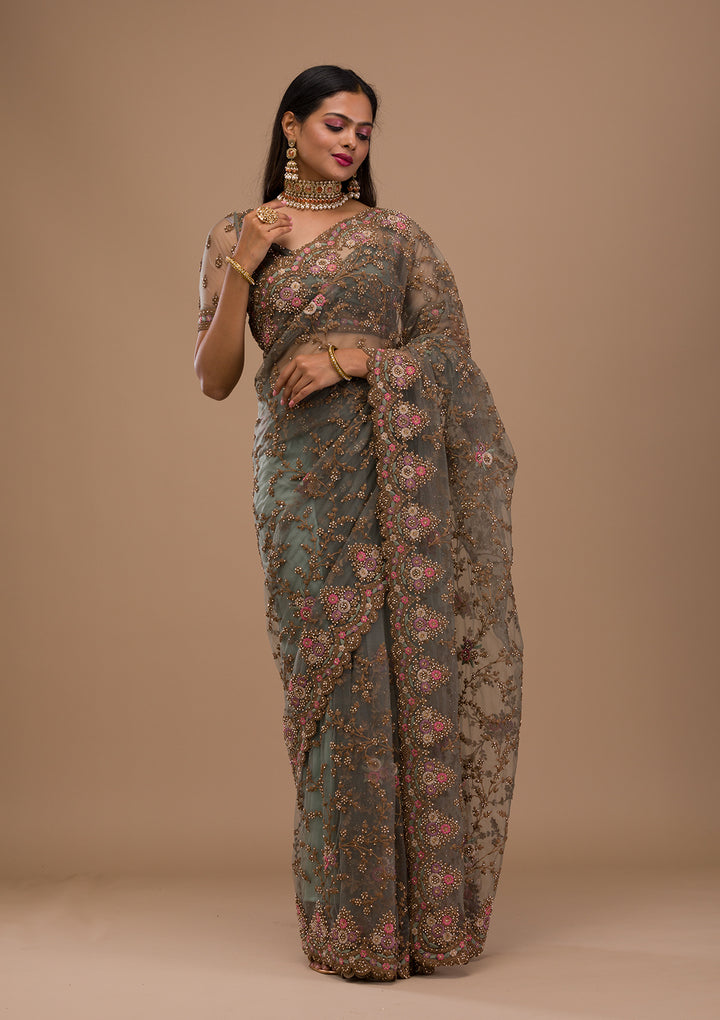 Sea Green Zariwork Net Saree