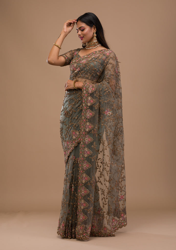 Sea Green Zariwork Net Saree