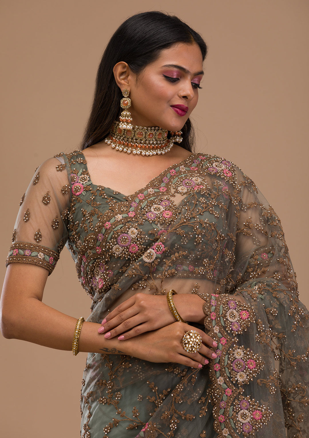 Sea Green Zariwork Net Saree