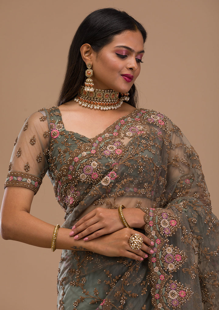 Sea Green Zariwork Net Saree