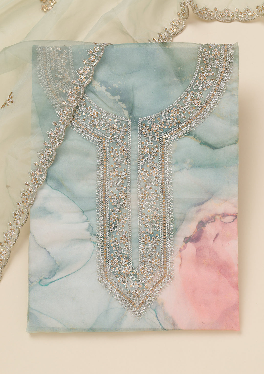 Sea Green Zariwork Organza Unstitched Salwar Suit
