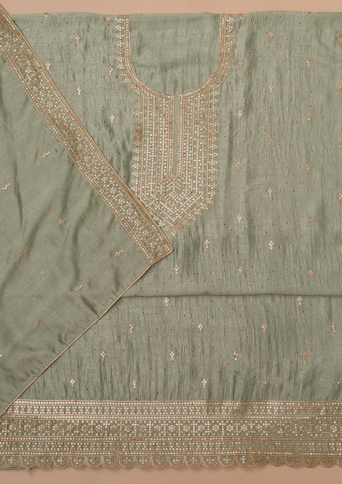 Sea Green Zariwork Raw Silk Unstitched Salwar Suit