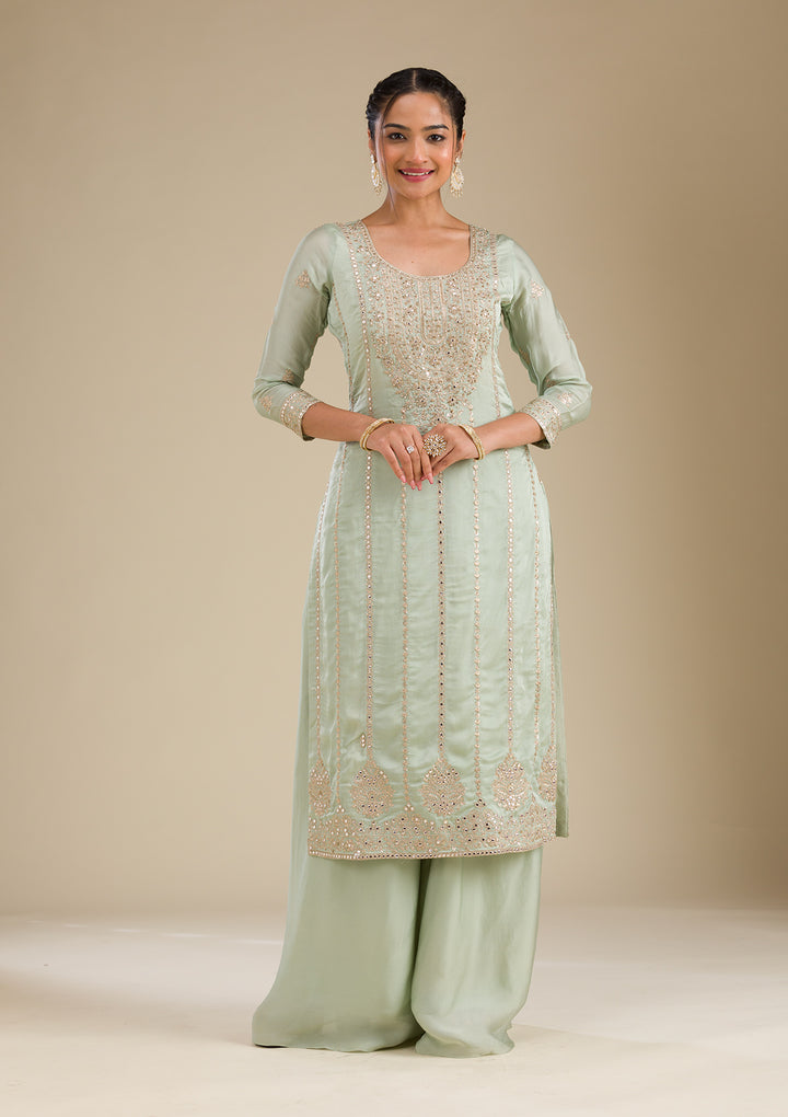 Sea Green Zariwork Semi Crepe Readymade Salwar Suit