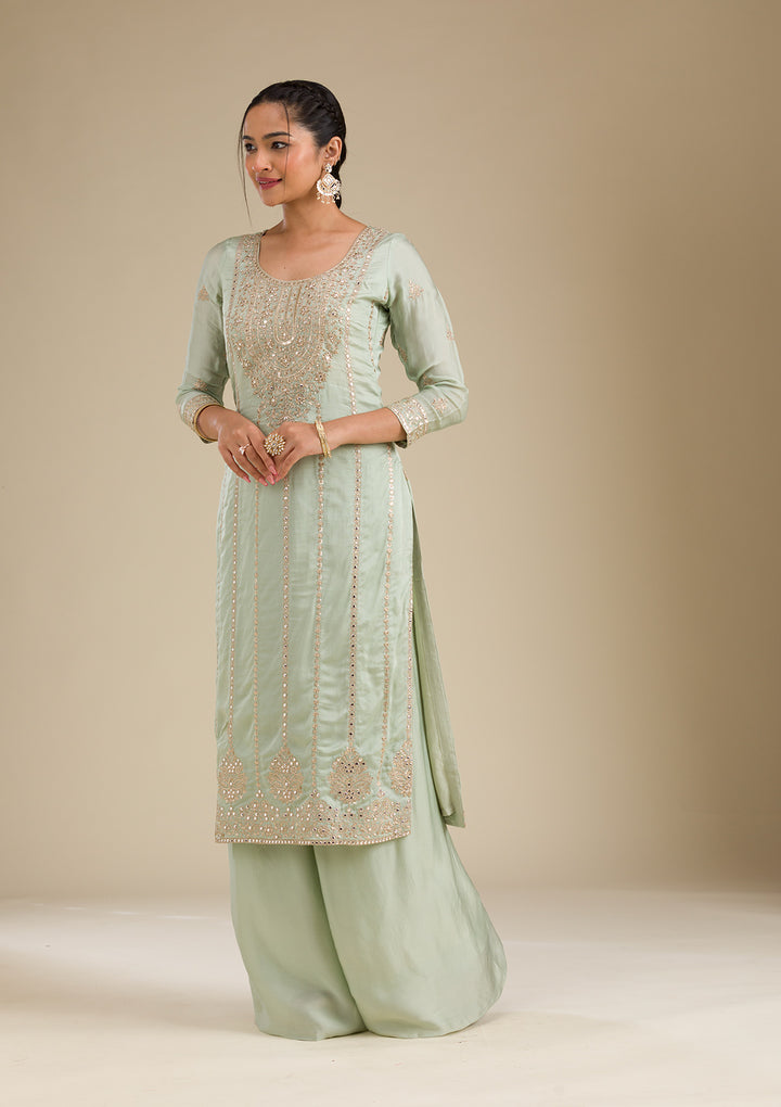 Sea Green Zariwork Semi Crepe Readymade Salwar Suit