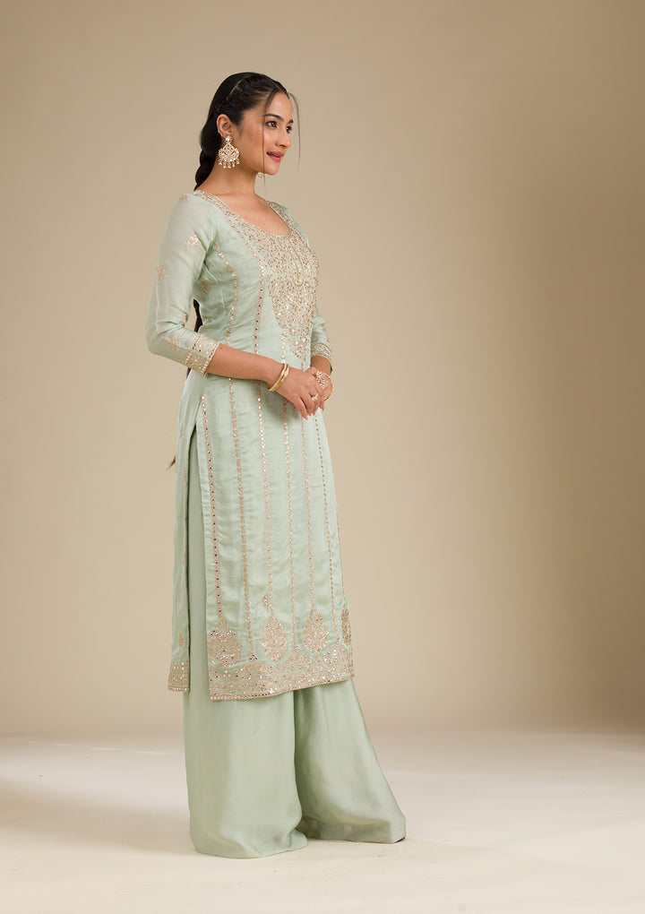 Sea Green Zariwork Semi Crepe Readymade Salwar Suit