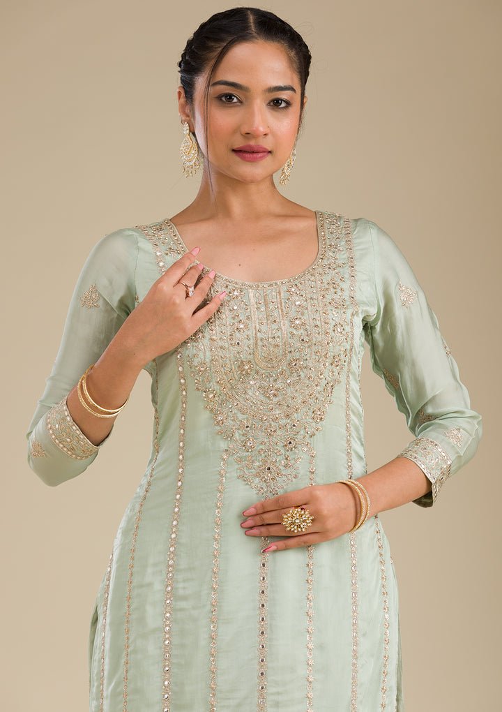 Sea Green Zariwork Semi Crepe Readymade Salwar Suit