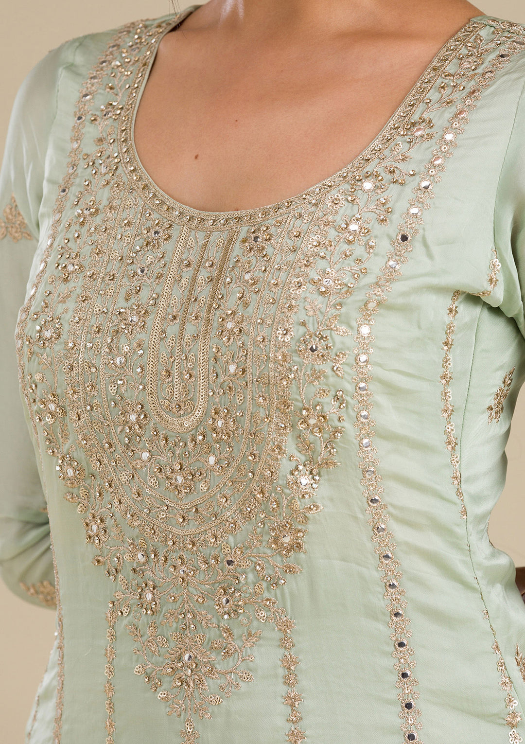 Sea Green Zariwork Semi Crepe Readymade Salwar Suit