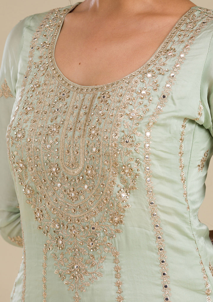 Sea Green Zariwork Semi Crepe Readymade Salwar Suit