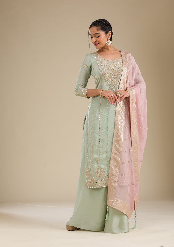 Sea Green Zariwork Semi Crepe Readymade Salwar Suit