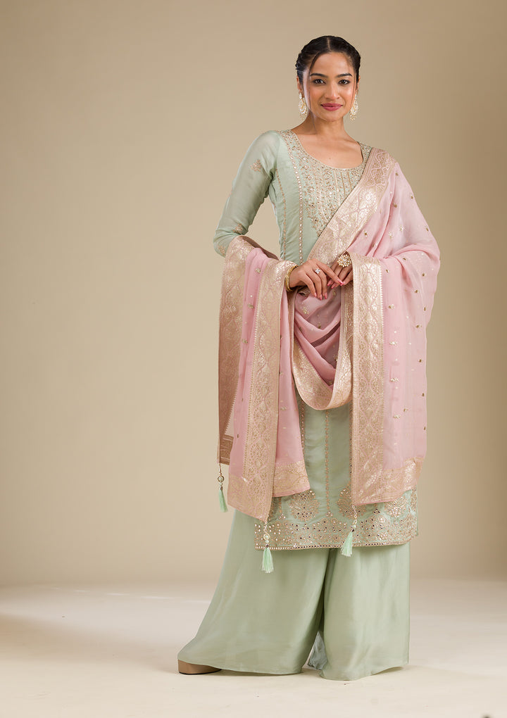 Sea Green Zariwork Semi Crepe Readymade Salwar Suit
