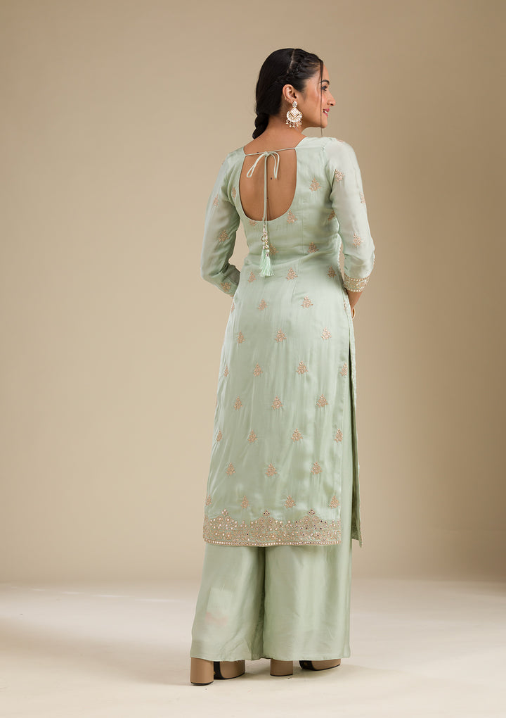 Sea Green Zariwork Semi Crepe Readymade Salwar Suit