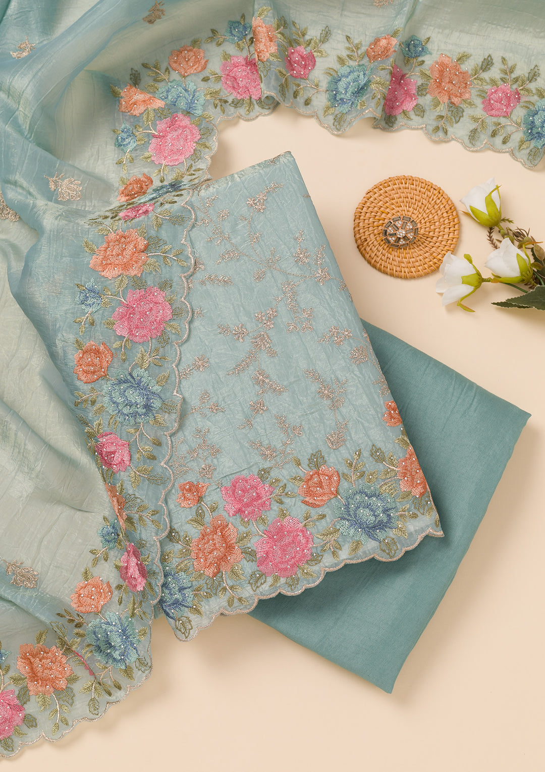 Sea Green Zariwork Semi Crepe Unstitched Salwar Suit