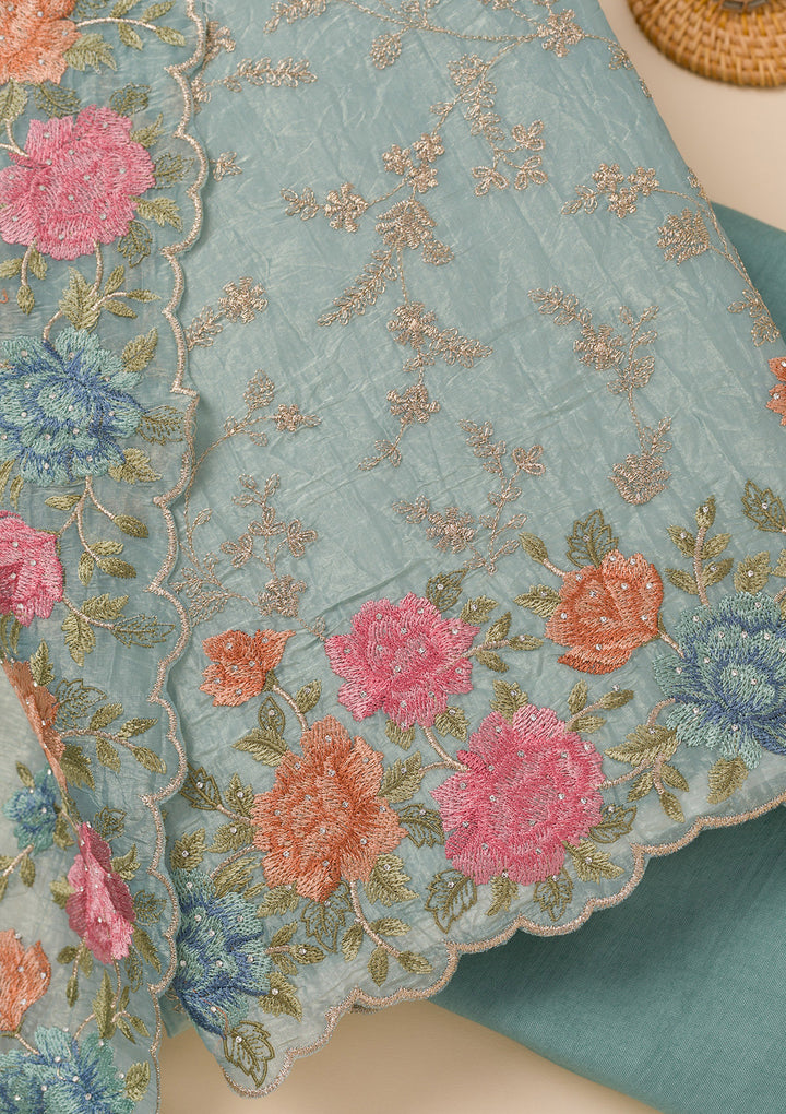 Sea Green Zariwork Semi Crepe Unstitched Salwar Suit