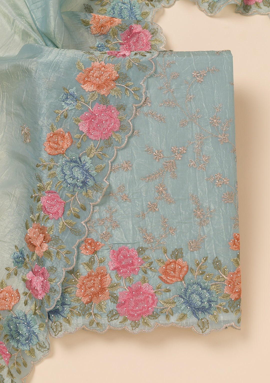 Sea Green Zariwork Semi Crepe Unstitched Salwar Suit