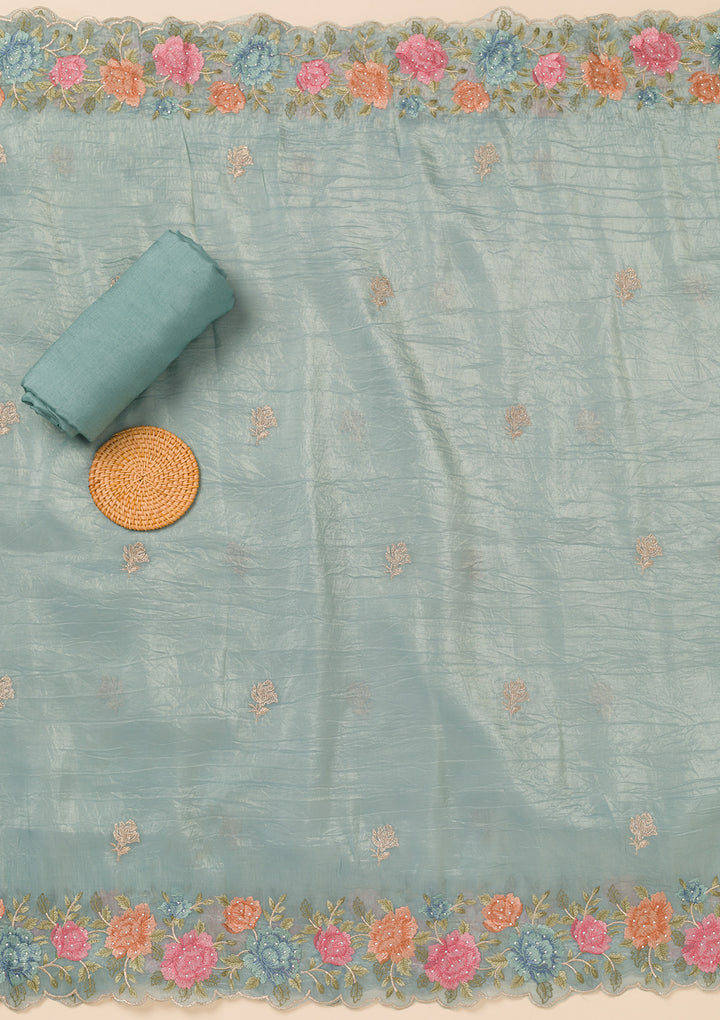Sea Green Zariwork Semi Crepe Unstitched Salwar Suit