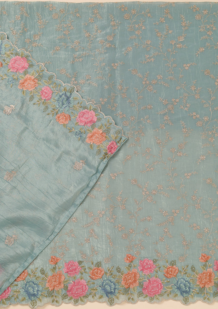 Sea Green Zariwork Semi Crepe Unstitched Salwar Suit