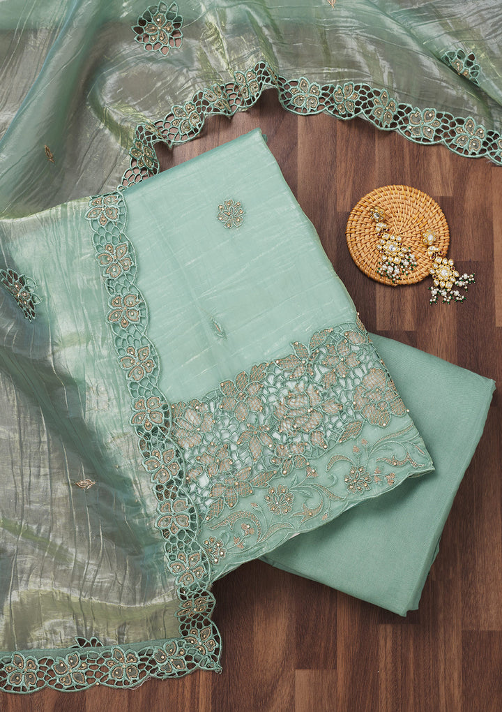 Sea Green Zariwork Semi Crepe Unstitched Salwar Suit