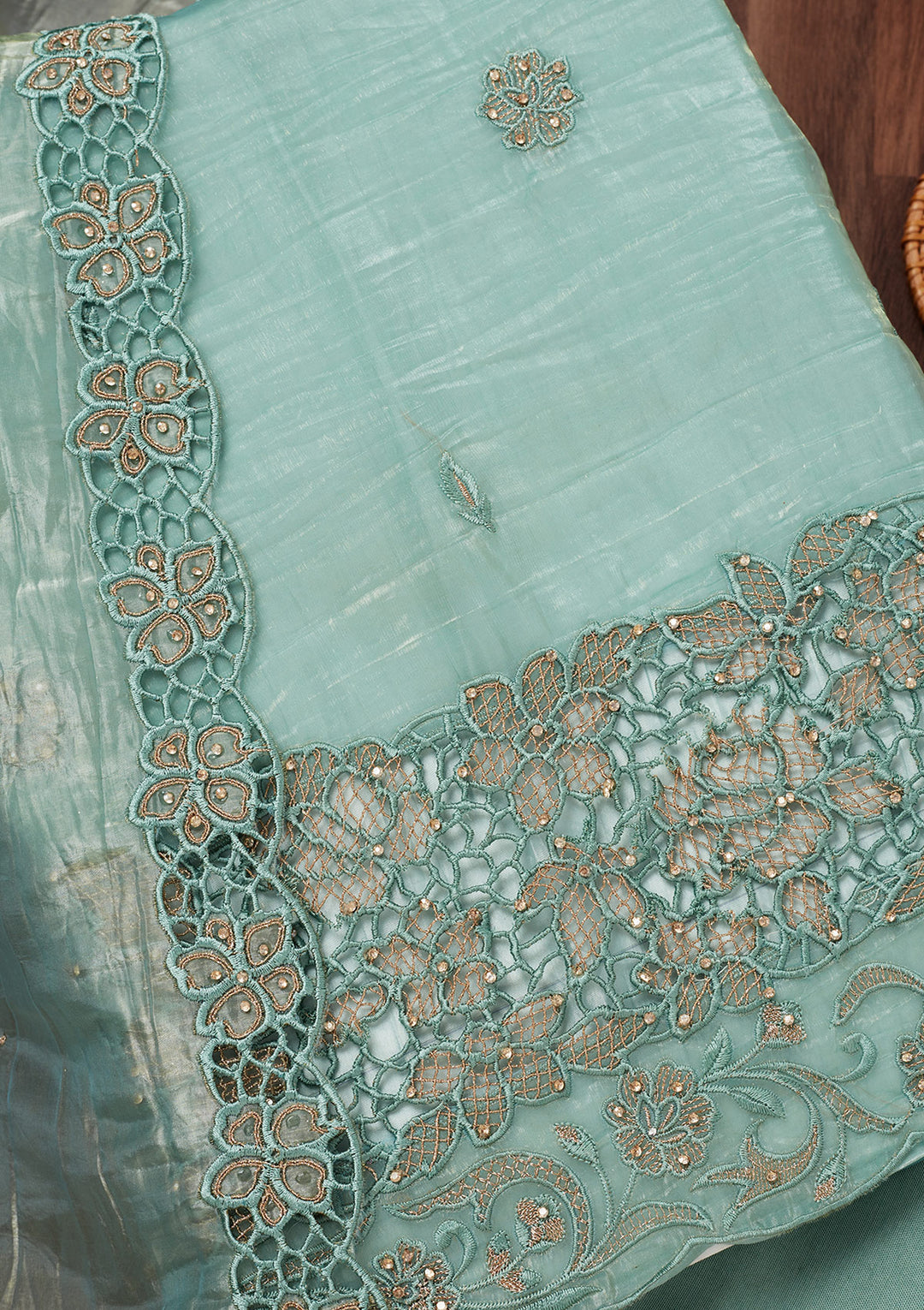 Sea Green Zariwork Semi Crepe Unstitched Salwar Suit