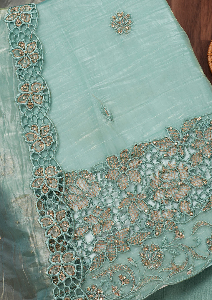 Sea Green Zariwork Semi Crepe Unstitched Salwar Suit
