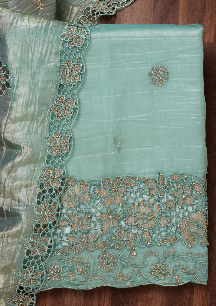 Sea Green Zariwork Semi Crepe Unstitched Salwar Suit